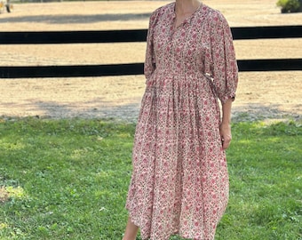 Cotton Block Print Midi Dress: Juliet Style, Handmade in India
