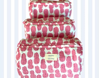 Pink Pineapple Block Print Toiletry Bag Set: Quilted Cotton Cosmetic Bags