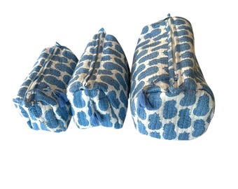 Hand Block Printed Quilted Cosmetic Bag Set: Blue Pineapple Cotton Toiletry Travel Organizer