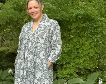 Cotton Block Print Kaftan Dress: Lightweight Green White Voile