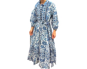 Hand Block Print Cotton Maxi Dress: Blue & White Indian Dress