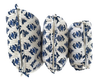 Portofino Block Print Toiletry Bag Set: Quilted Indian Cotton Makeup Bags