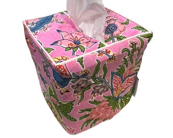 Hand Block Print Cotton Tissue Box Cover: Pink Floral Design