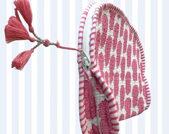 Pink Pineapple Block Print Makeup Bag: Quilted Cotton Cosmetic Case