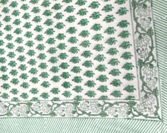 Green Floral Block Print Tablecloth: Handmade Cotton Table Linen
