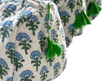 Hand Block Printed Quilted Cosmetic Bag Set: Florentina Floral, Waterproof Lining