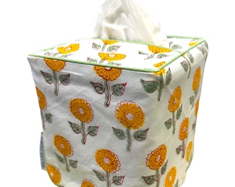 Hand Block Print Cotton Tissue Box Cover: Yellow Floral Design