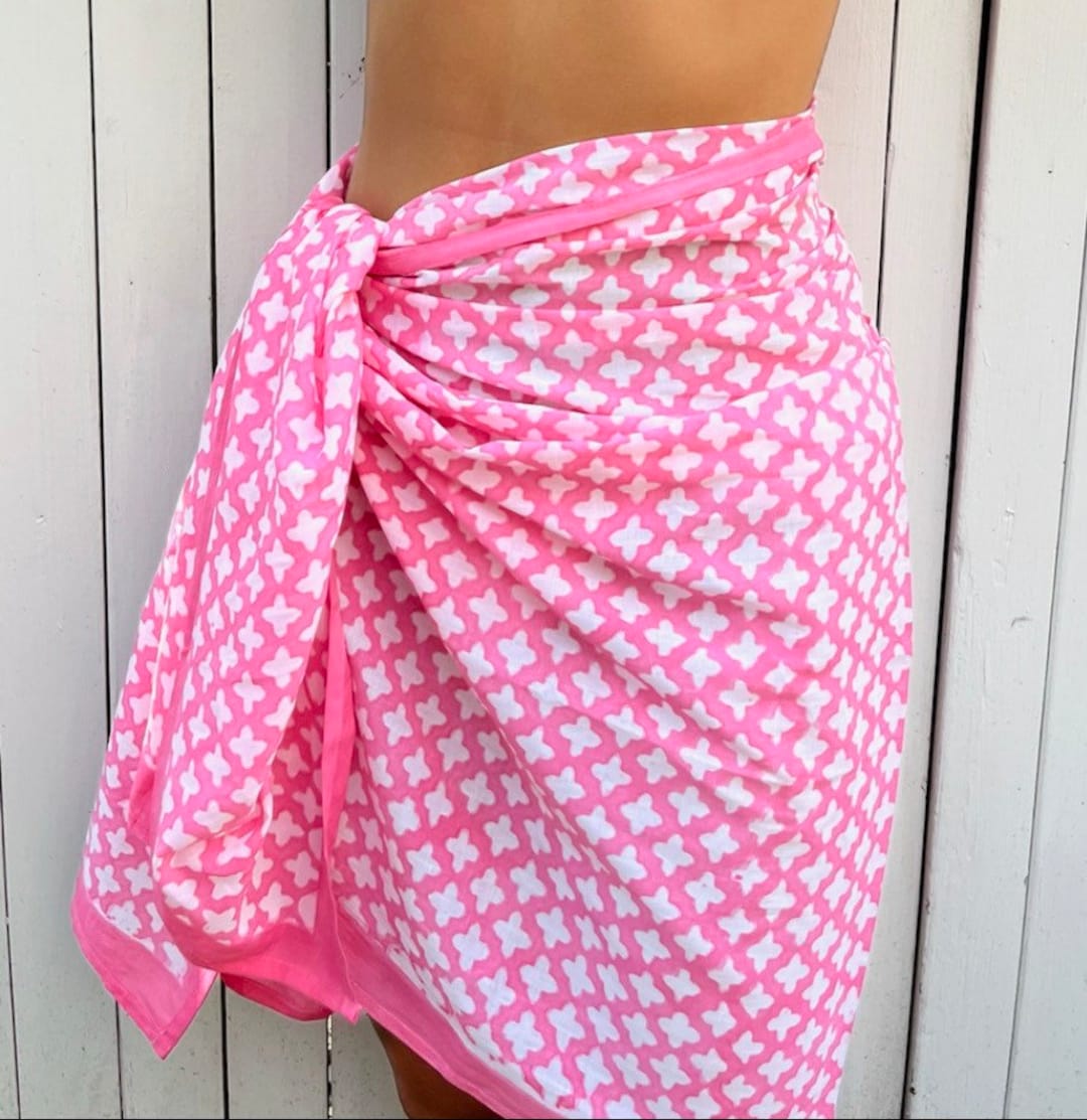 Hand Block Print Cotton Sarong - Bohemian Beach Cover Up & Summer Scarf 72x42 Inches