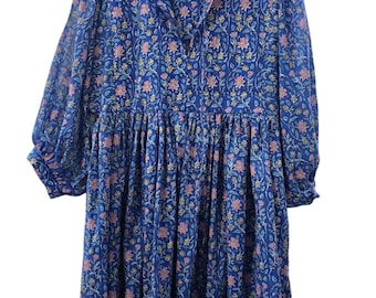 Midnight Blossom Cotton Midi Dress: Hand Block Print, Lantern Sleeves