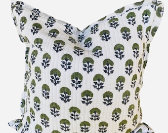 Hand Block Print Pillow Cover: Quilted Floral Cotton Sham