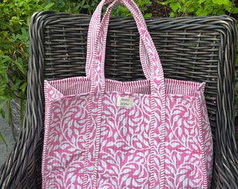 Block Printed Quilted Cotton Tote Bag: Reversible Pink Indian Design
