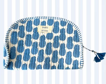 Blue Pineapple Block Print Makeup Bag: Quilted Cotton Cosmetic Case