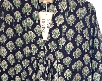 Cotton Block Print Kaftan Dress: English Garden 3/4 Sleeve