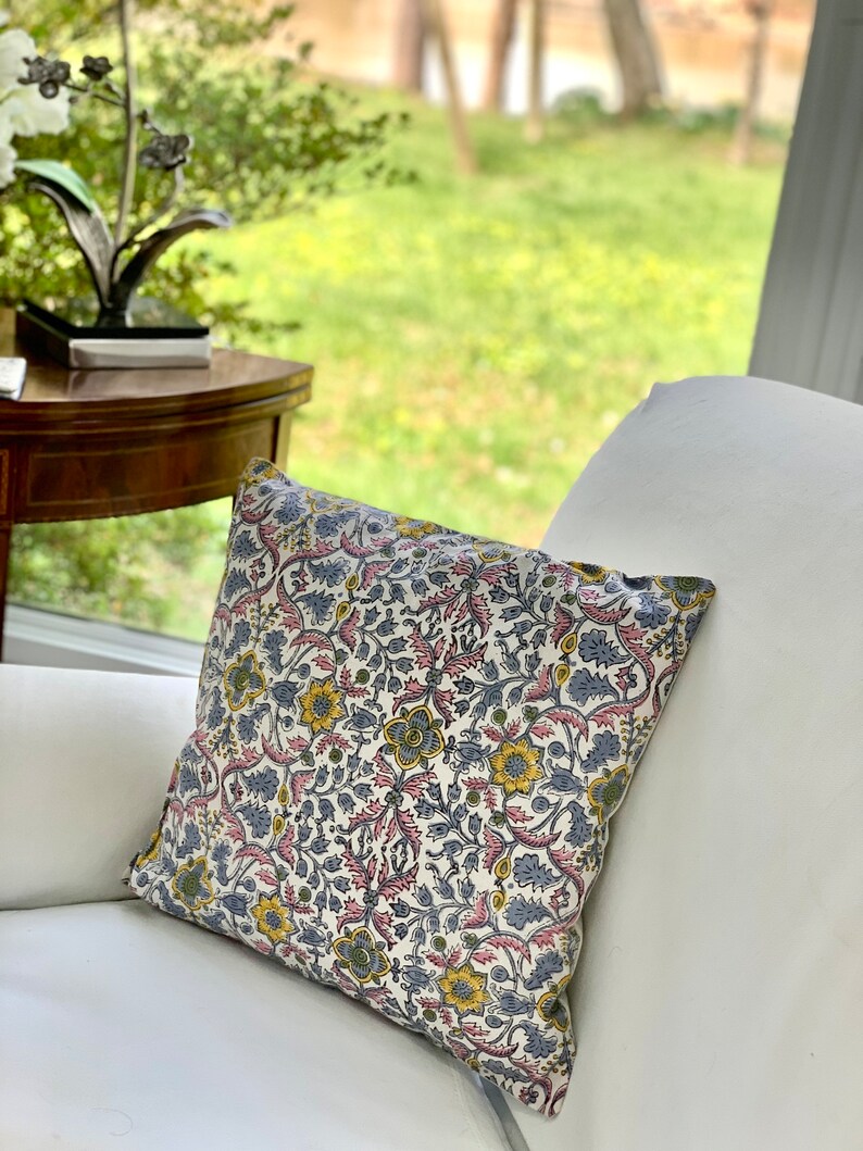 Hand Block Print Pillow Cover: Floral Cotton Pillow Sham (16x16”) image 5