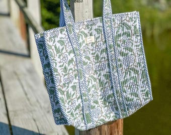Reversible Cotton Quilted Tote Bag: Block Printed Floral Shoulder Bag