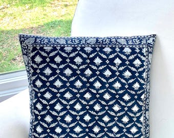 Hand Block Print Pillow Cover: Indian Floral Cotton Sham (16 x 16”)