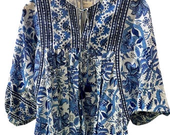Hand Block Print Balloon Sleeve Top: Blue Floral Cotton Blouse