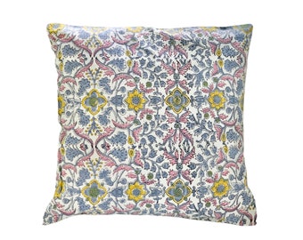 Hand Block Print Pillow Cover | Indian Block Print | Cotton Pillow Case | Pink Blue Pillow Sham | Floral Block Print Pillow Cover