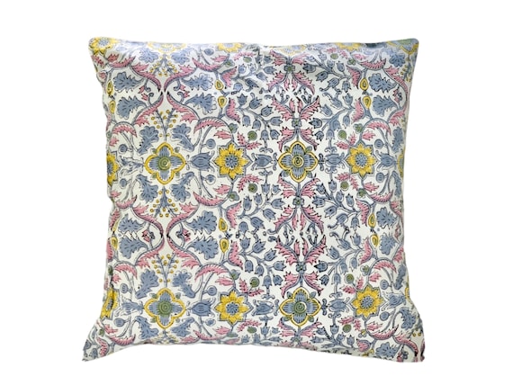 Hand Block Print Pillow Cover: Floral Cotton Pillow Sham (16x16”)
