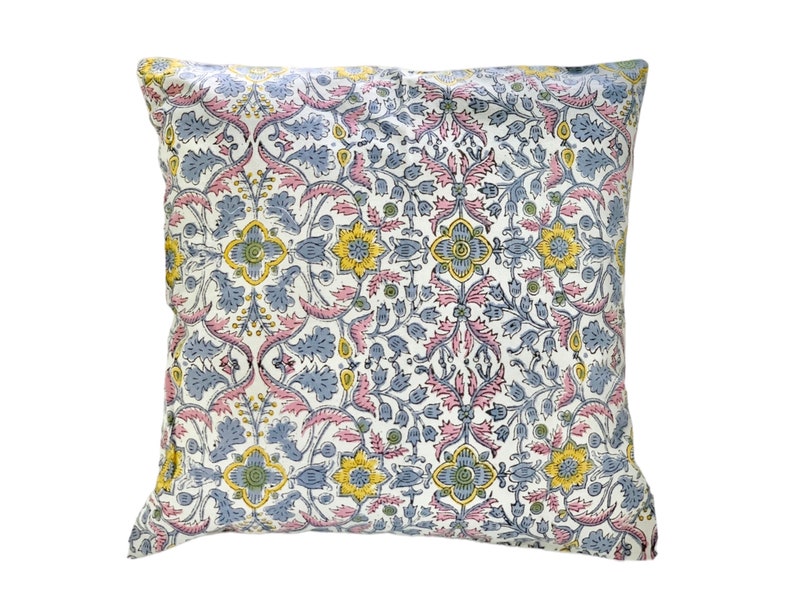 Hand Block Print Pillow Cover: Floral Cotton Pillow Sham (16x16”) image 1