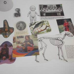 Collage Kit #5, 90+ Teile, 30 Buchseiten, 30 Collagenbilder, 10 gemusterte Papiere, 10 Wörter und Redewendungen, gestanzte Kreise