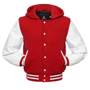 May include: A red varsity jacket with white sleeves and a hood. The jacket has a button-up front, two front pockets, and white and red striped cuffs and waistband. The jacket has a black label with a white logo.