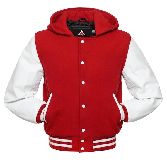 Custom Red Wool Varsity Jacket: White Leather Sleeves, Hooded
