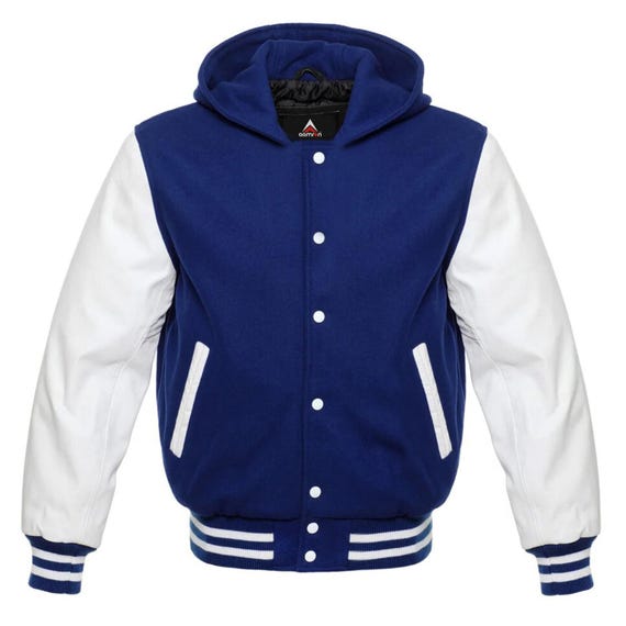 Custom Men's Wool Varsity Jacket: Navy Blue & White Leather Bomber