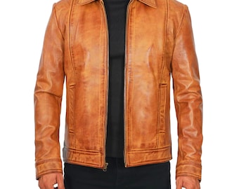 May include: A brown leather jacket with a zipper closure and a stand-up collar.