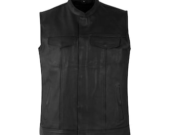 Men&#39;s Black Leather Biker Vest: Club Style Motorcycle Waistcoat