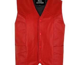 Men&#39;s Real Red Leather Biker Vest: Button Front Waistcoat