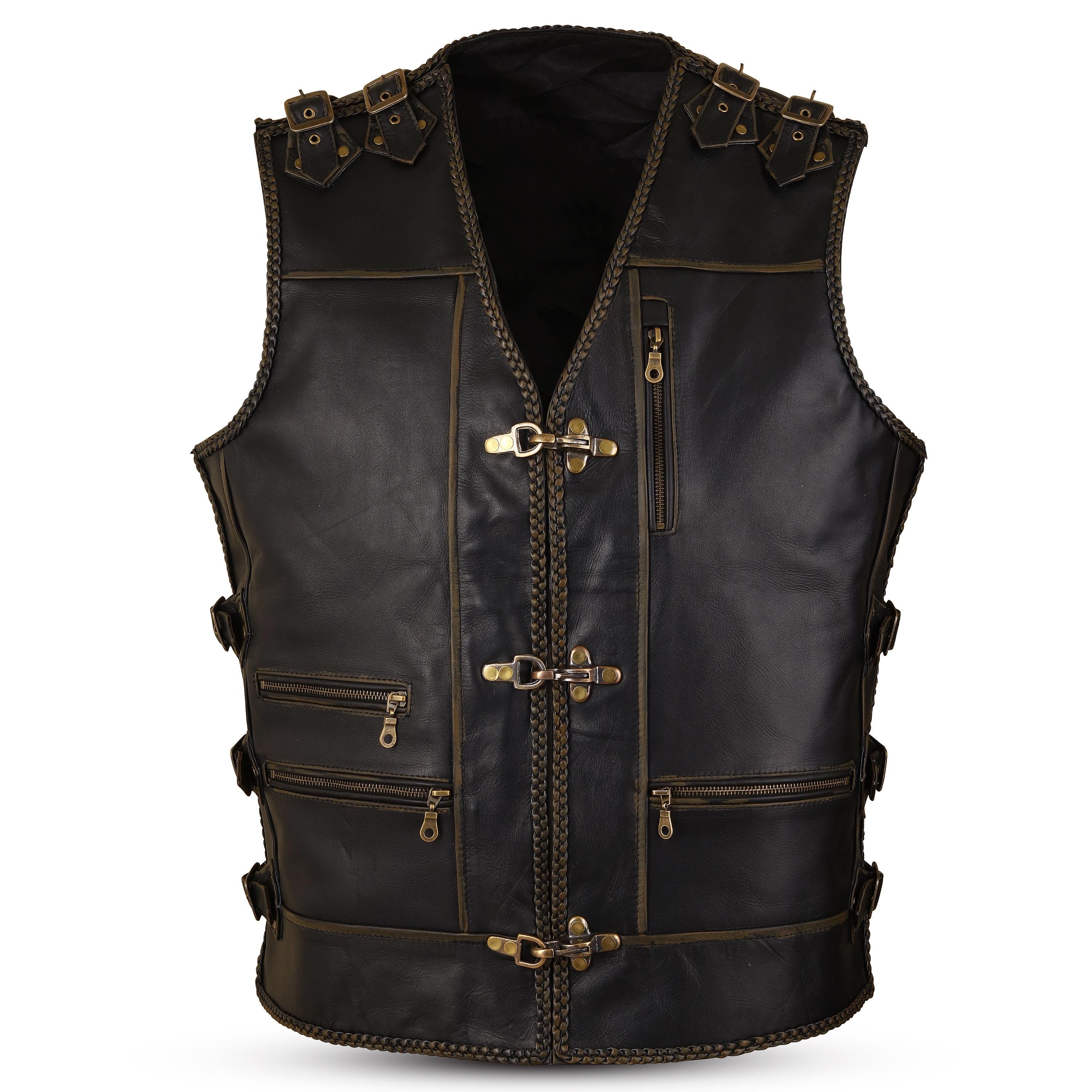 Handmade Cow Leather Motorcycle Vest: Antique Brass Clasp, Biker Gift