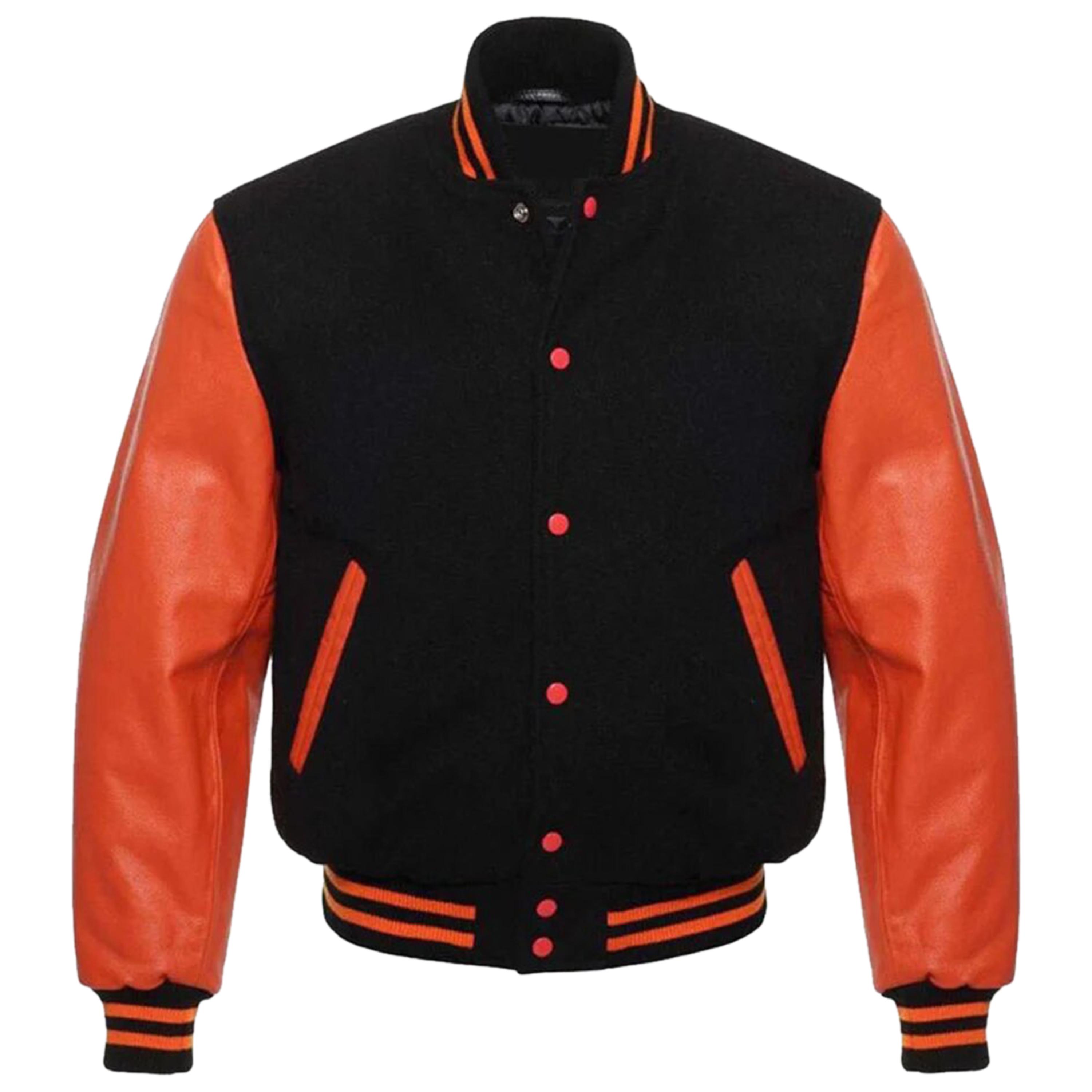 Customizable Varsity Jacket: Black Wool & Orange Leather Sleeves 