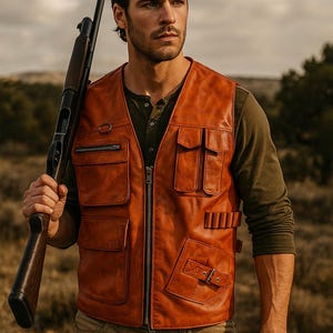 May include: A brown leather vest with multiple pockets and a front zipper. The vest is worn over a green long-sleeve shirt. A shotgun is held in the person's arm. The vest has a classic, rugged design, suitable for outdoor activities.