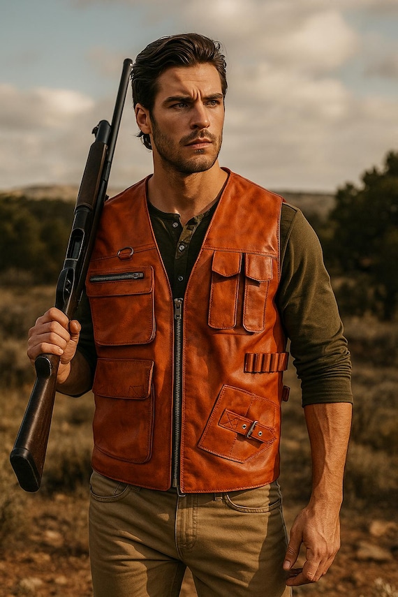 Men's Brown Leather Hunting Vest | Handmade Trapper Utility Gilet