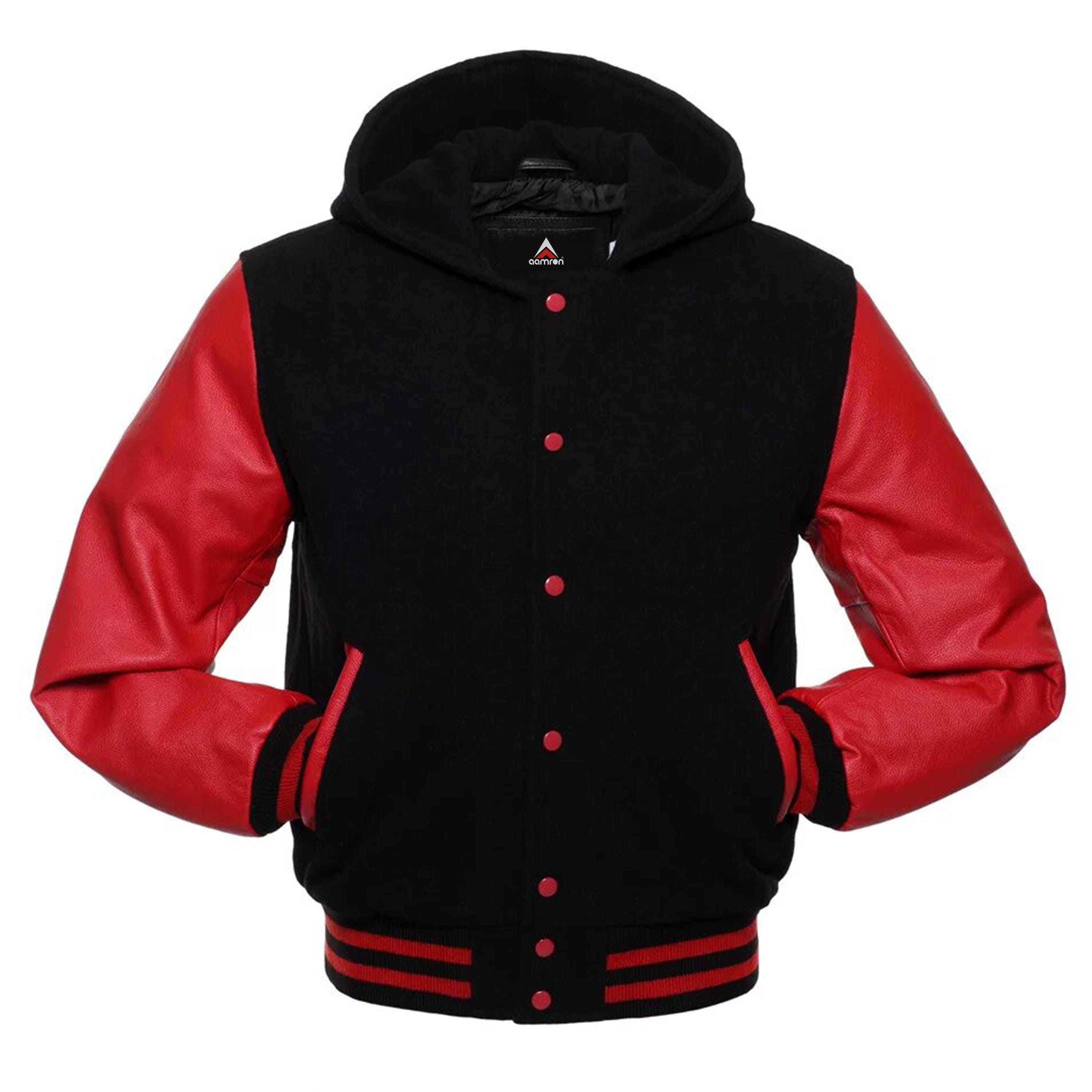 Black Wool Varsity Jacket: Red Leather Sleeves, Unisex Bomber - Etsy