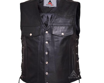 Men&#39;s Genuine Leather Motorcycle Vest: Long, Braided, Zipped Pockets