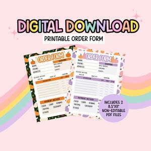 Könnte beinhalten: Zwei druckbare Bestellformulare mit Kürbismustern. Eines hat orangefarbene, das andere violette Akzente. Beide enthalten Felder für Name, Telefon, Adresse, Lieferung und Zahlungsmethoden. Text: "DIGITAL DOWNLOAD" und "INCLUDES 2 8.5"X11" NON-EDITABLE PDF FILES".
