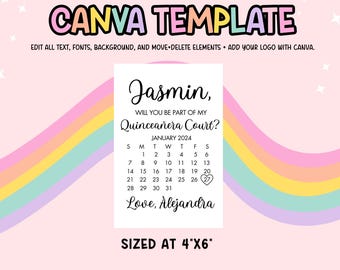 CANVA TEMPLATE - Willst du Teil meines Quinceañon Hofes werden? Kalender Quinceaëra Gericht Vorschlag Karte, Sparen Sie das Datum, Quitte Antrag