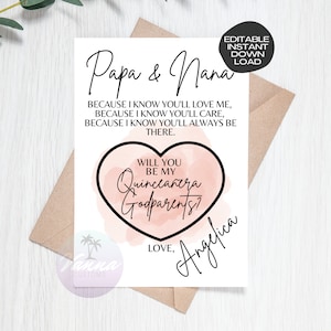 Modèle sur toile modifiable parrain/parrain/parraine/padrinos/madrina Quinceañera Anniversaire Mis Coing 15 Ans - Invitation de coings à faire soi-même