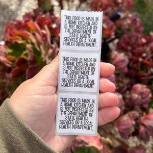 1.5” Square Thermal Printed Cottage Food Law Home Bakery Labels - Made In A Home Kitchen