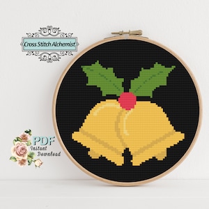 Holiday Crossstitch Pattern Christmas Decoration Downloadable Cross Stitch Pattern Gold Christmas Bells Ornament Needlepoint Gift