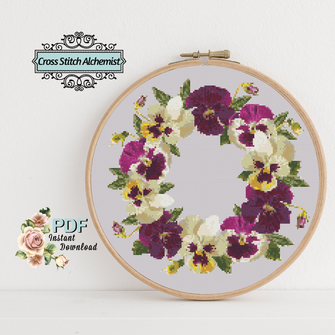 Pansy Cross Stitch, Pansy Wreath Counted Cross Stitch Pattern, Floral