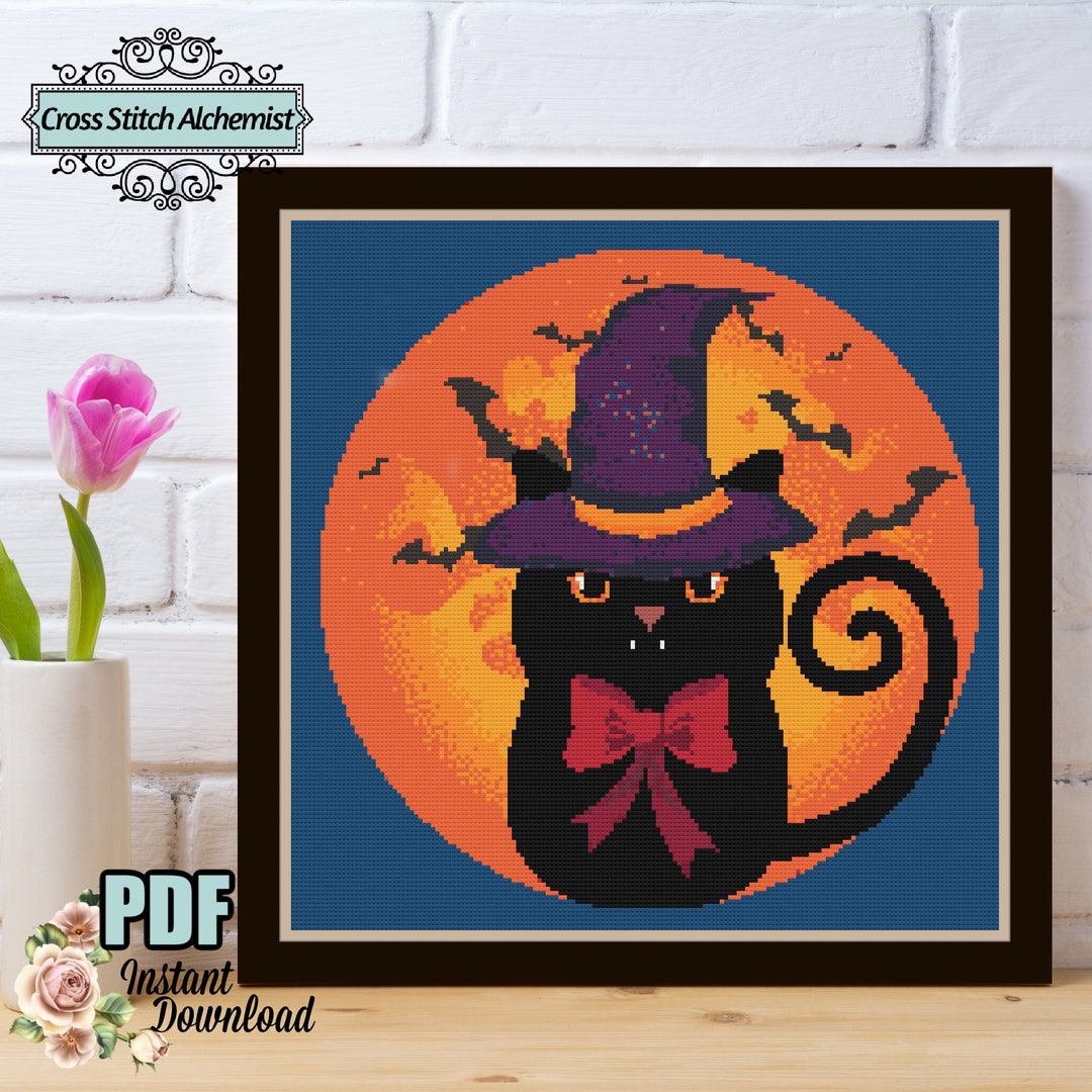 Halloween Black Cat Cross Stitch Pattern: Witch Hat & Moon (PDF Pattern ...