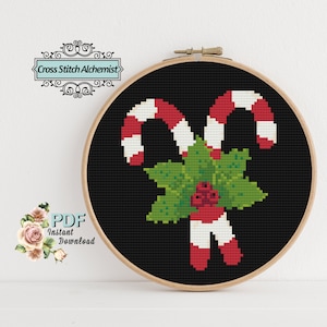 May include: Cross stitch pattern of two candy canes with red and white stripes, tied together with a green holly sprig with red berries. The pattern is on black fabric.