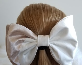 Silk satin oversized bow in light brown and white color block two layer with French barrette,hair accessories,hair bow. silk satin bow