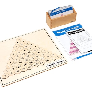 May include: A wooden Pascal's Triangle board game with hexagonal tiles displaying numbers. Includes a wooden box with cards and printed worksheets labeled "Pascal's Triangle". The game is designed for educational purposes.