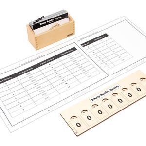 May include: A wooden box containing flashcards labeled "Binary Number System" sits above two worksheets and a wooden number board. The worksheets display tables of decimal and binary numbers. The number board has slots with binary digits.