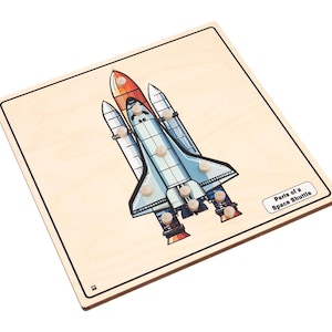 May include: A wooden puzzle board with a colorful illustration of a space shuttle. The puzzle has 10 pegs that can be used to create different paths for the shuttle. The board has the text "Parts of a Space Shuttle" printed on it.