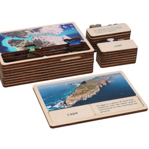 Wooden Montessori Geography Classified: Land and Water Forms Wooden Cards